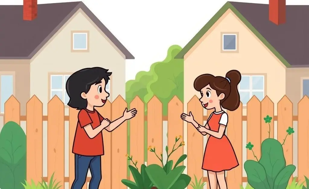 Illustration of two neighbors discussing boundaries over a fence
