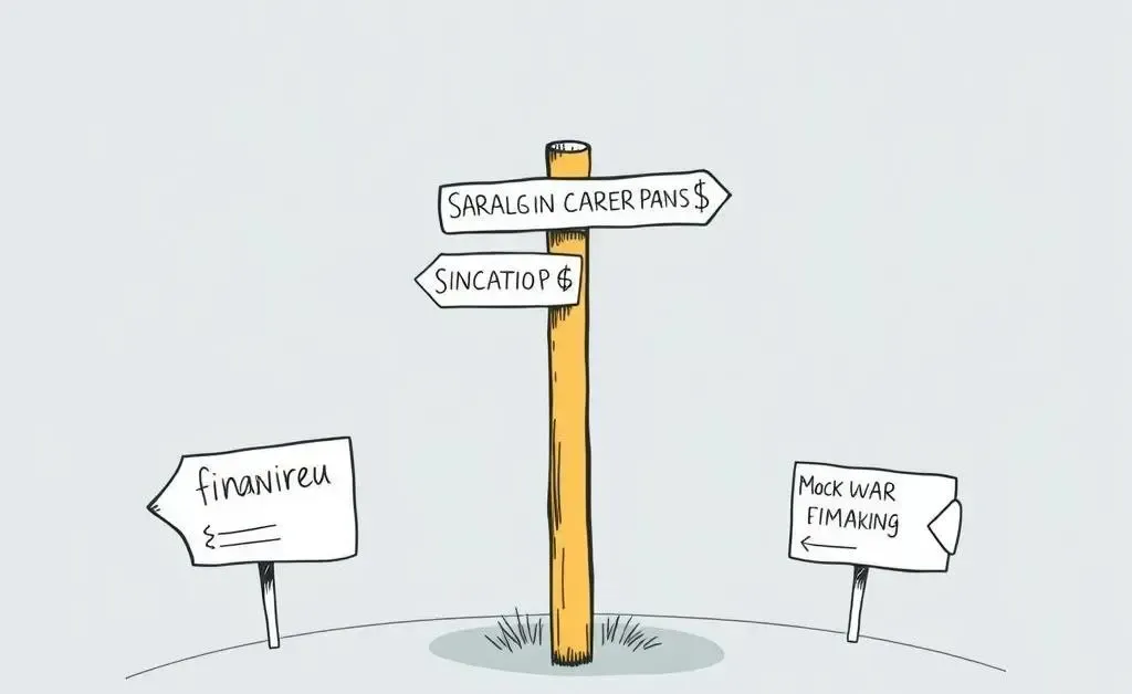 Illustration of a crossroads with signposts leading to different financial career paths.