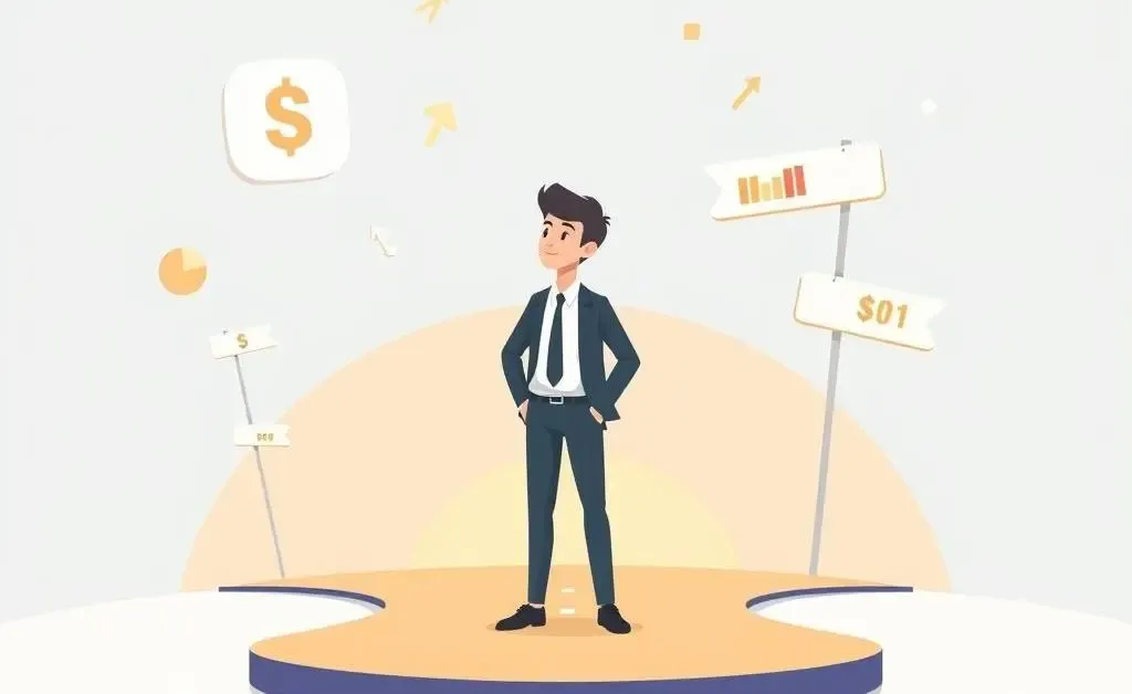 A young professional at a career crossroads with financial symbols