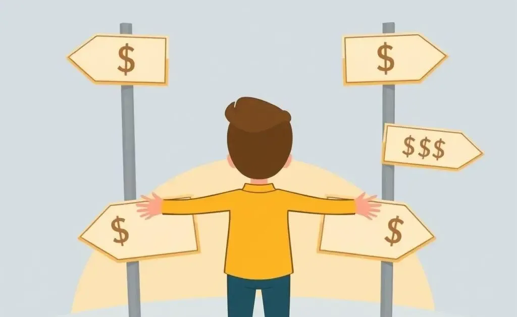 Illustration of a person at a crossroads with financial career signs.