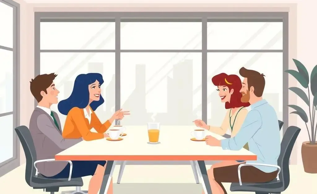 People discussing financial careers at an office desk