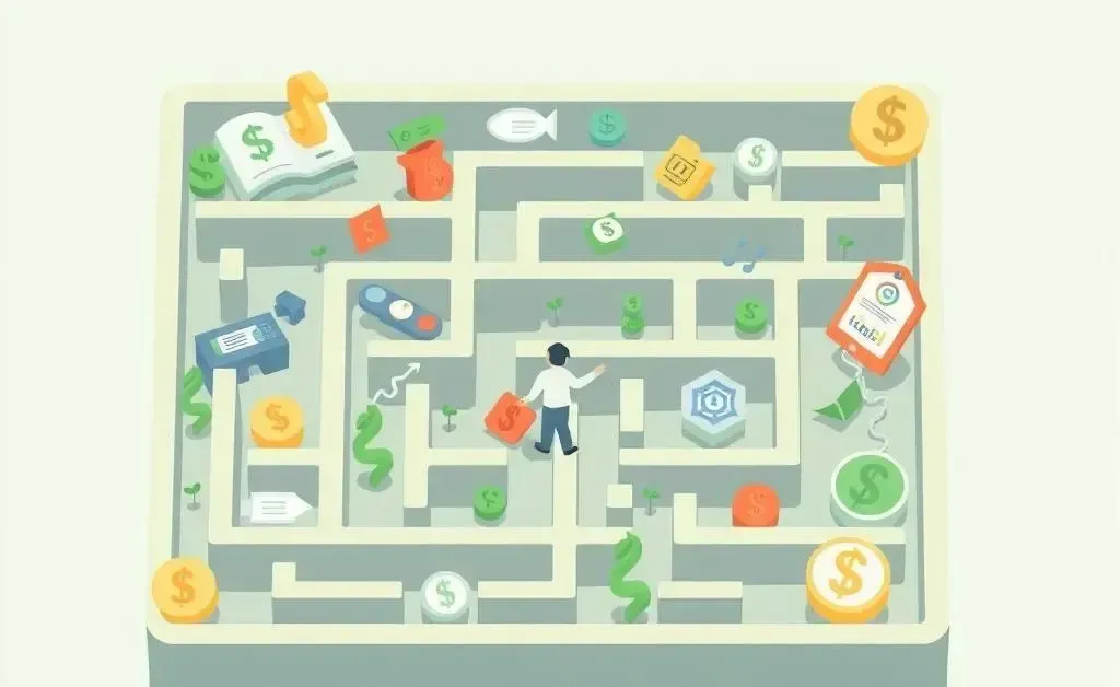 A cartoon maze of financial symbols navigated by a person