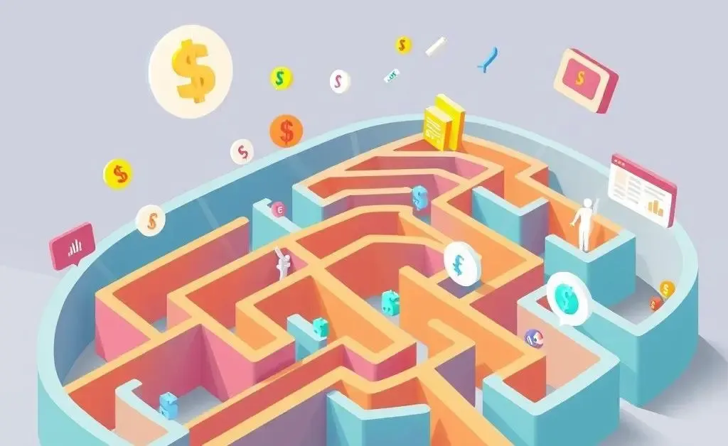Illustration of a colorful maze with financial symbols