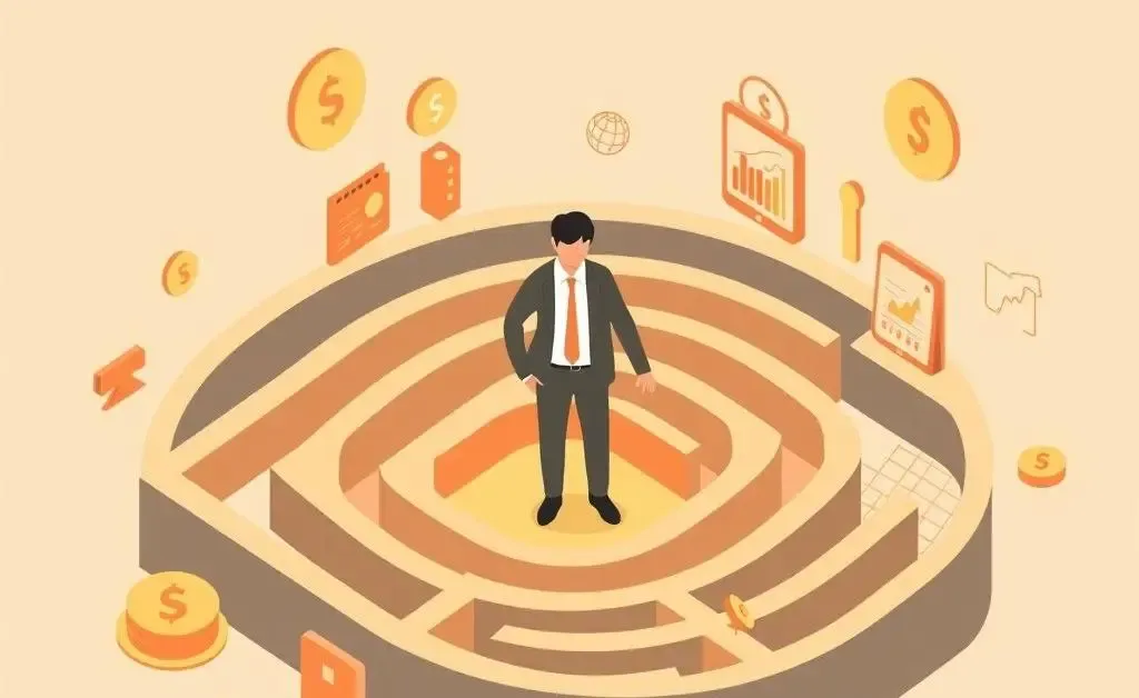 Person navigating a career path maze with financial symbols