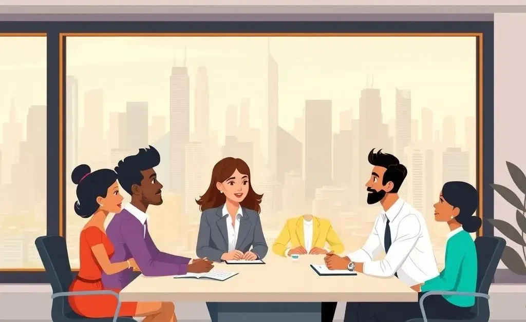 A diverse group discussing financial careers around a desk with a cityscape view