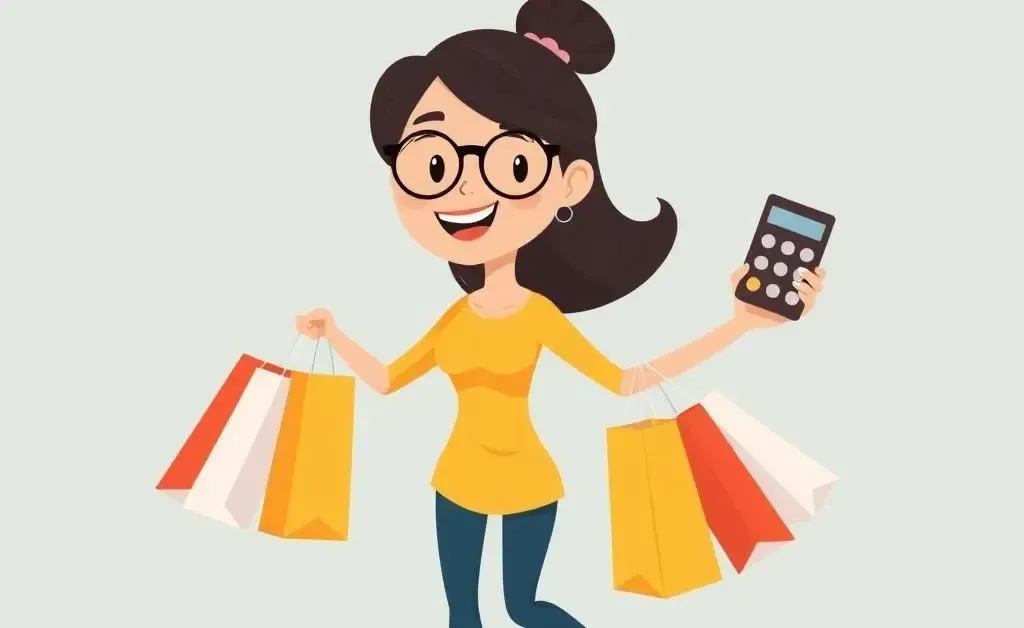 A woman juggling shopping bags and a calculator with confidence