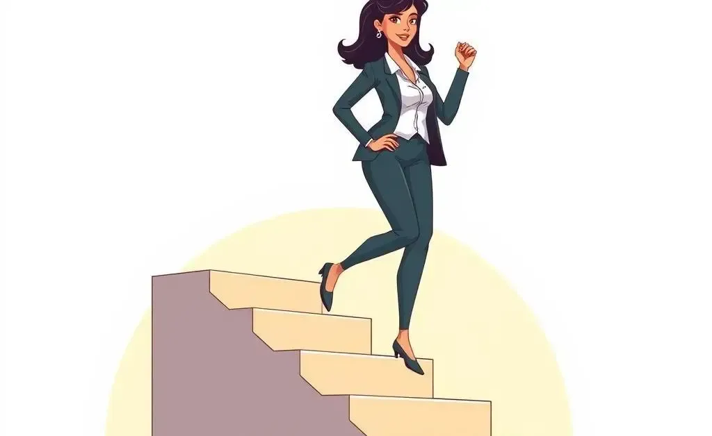 A cartoon-style woman confidently stepping up financial stairs, symbolizing growth in financial literacy