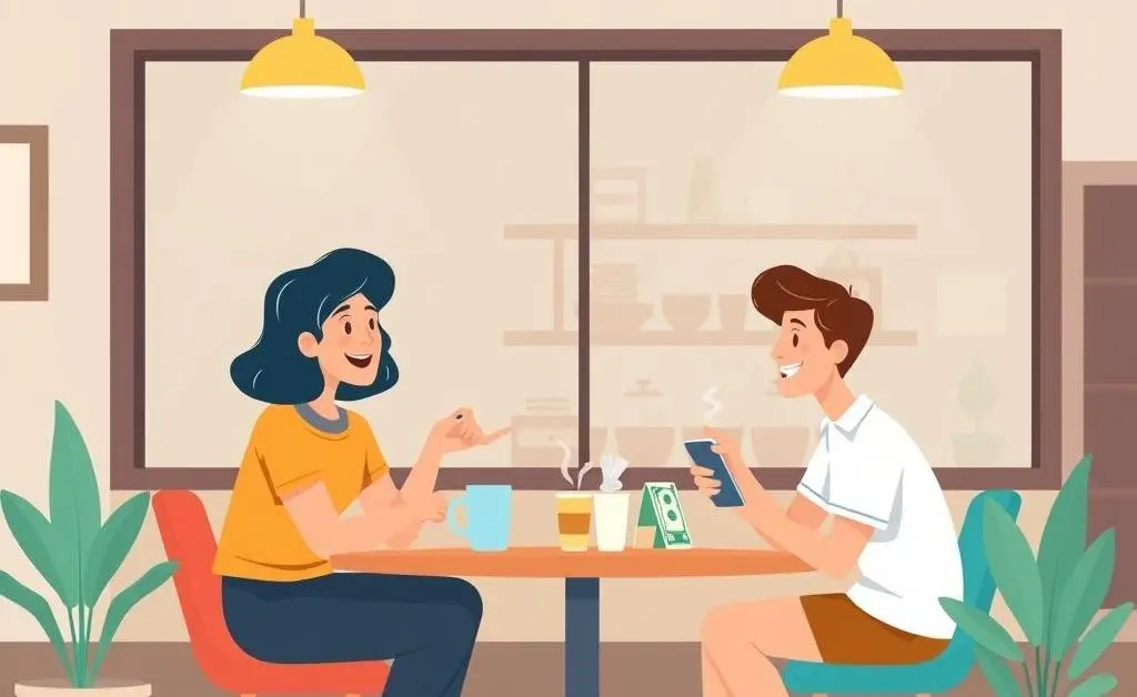 Two friends having a financial conversation over coffee in a cozy setting