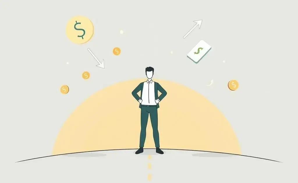 A person confidently standing at a crossroads with various financial symbols.