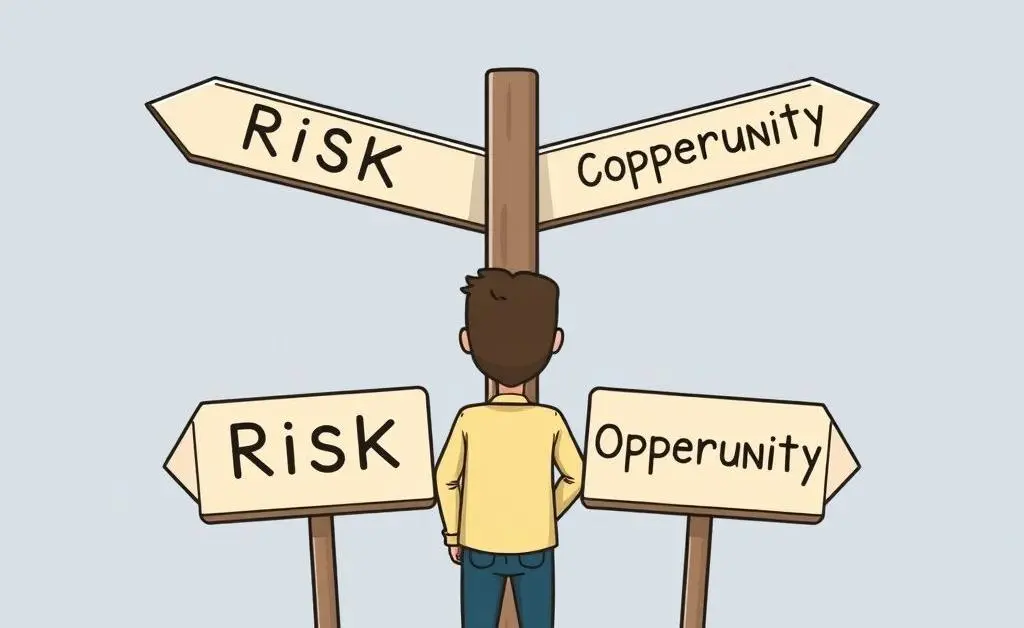 Illustration of a person deciding between risk and opportunity at a crossroads
