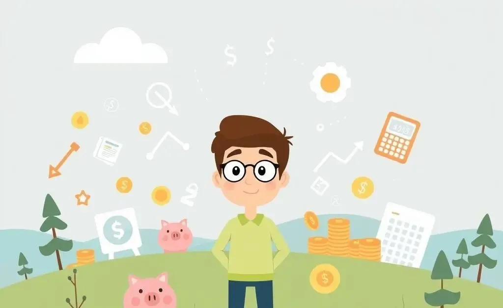 Minimalist cartoon of a person pondering financial questions with icons around them