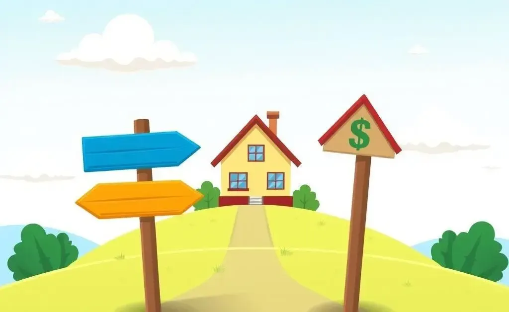 Crossroads with signs leading to a house and money