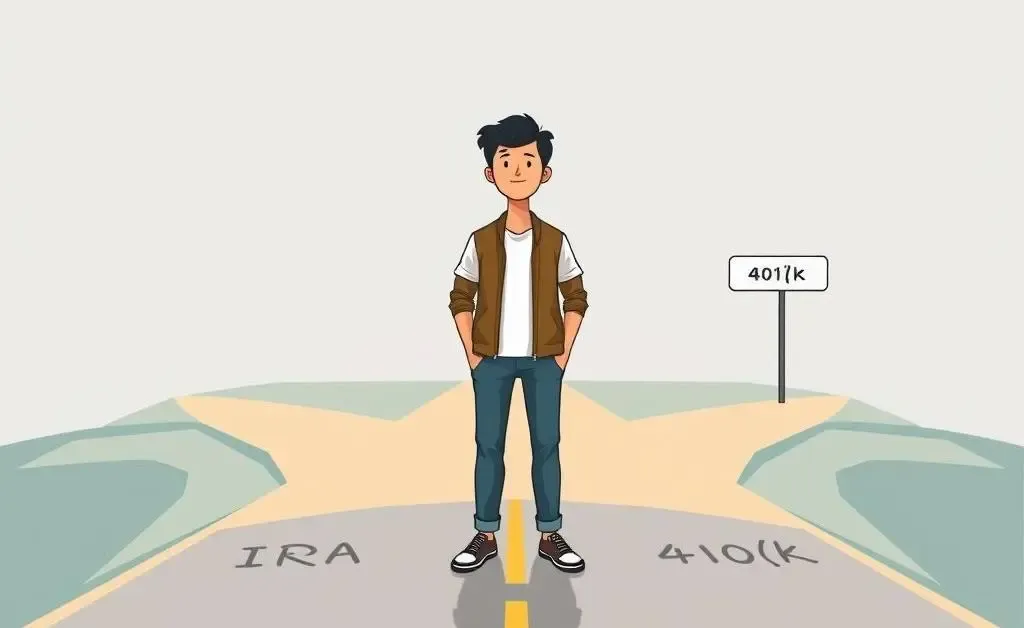 A person deciding between Roth IRA and 401(k) depicted at a fork in the road