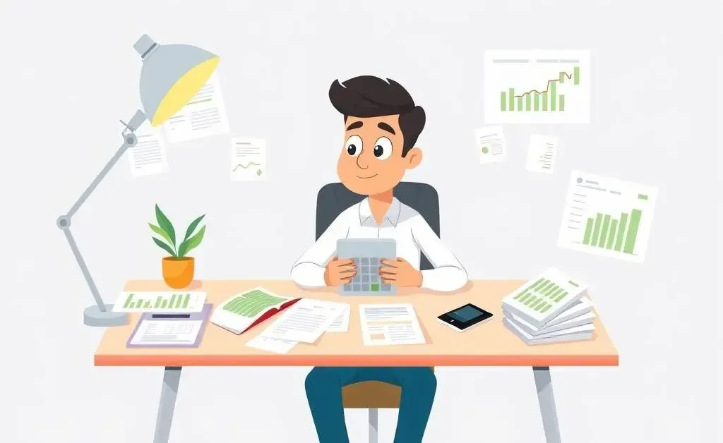 Person analyzing financial documents and calculator at a desk