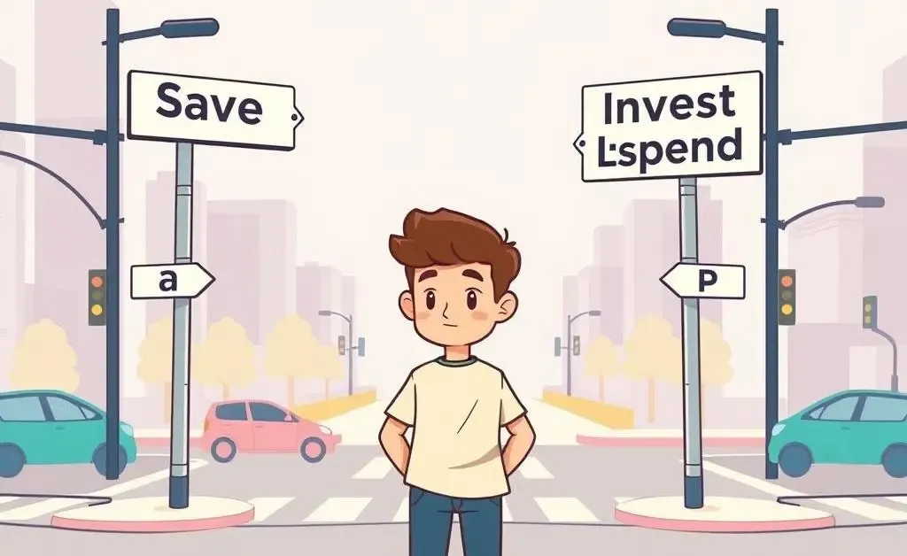 A person at a crossroad with financial decision signs