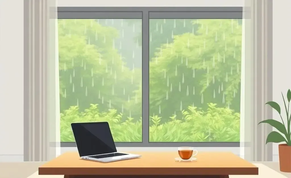 A cozy living room with a laptop open on a table and a cup of tea.