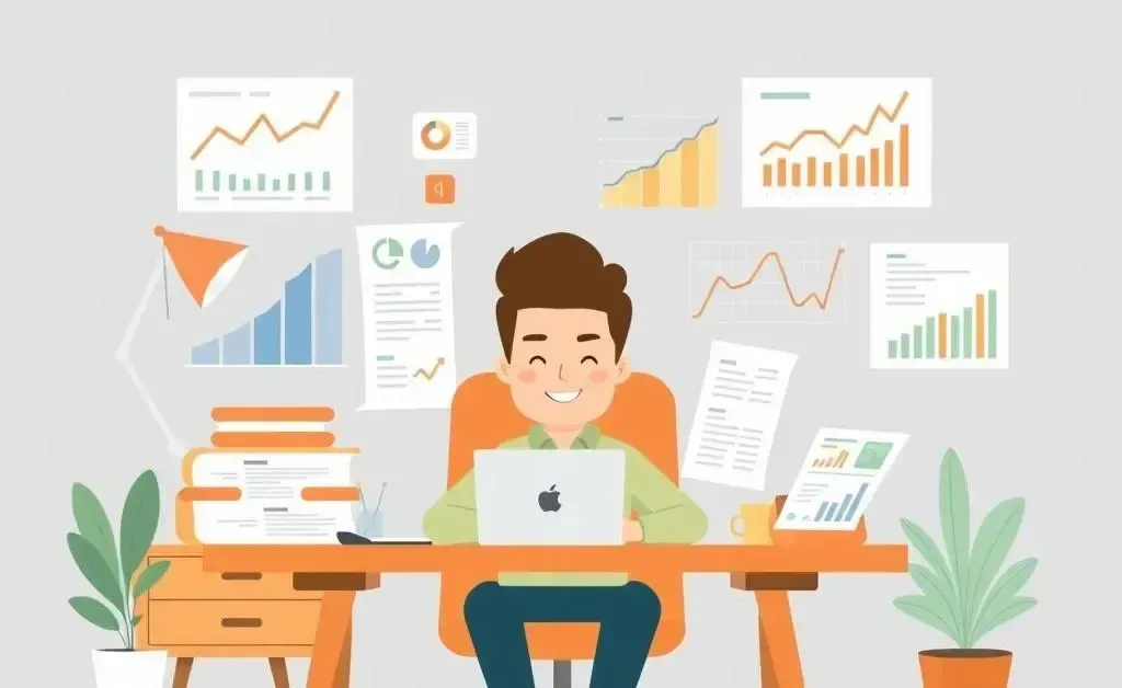 Person at desk surrounded by financial charts