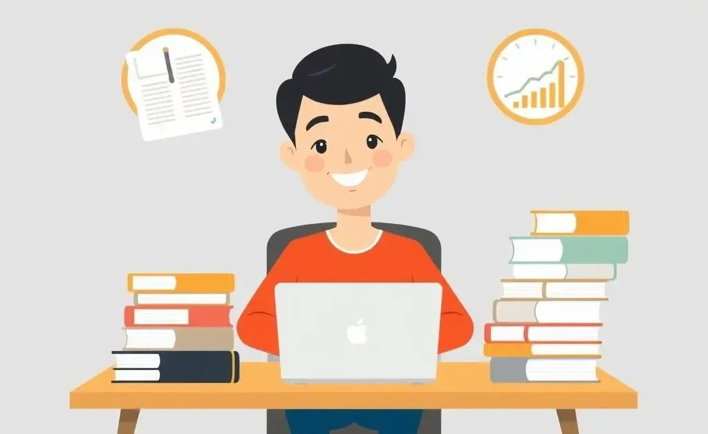 A cartoon image of a happy person at a desk with financial materials