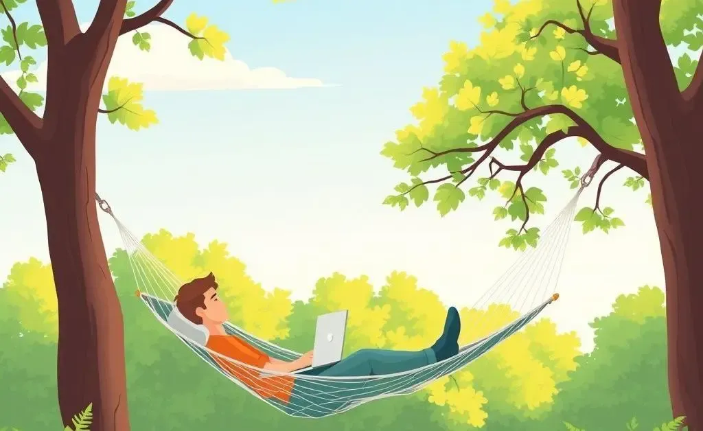 A person working remotely from a hammock, representing financial freedom