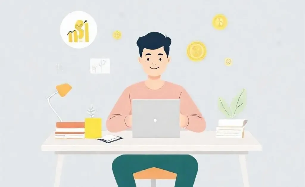 A person at a desk planning financial growth with graphs and symbols around.