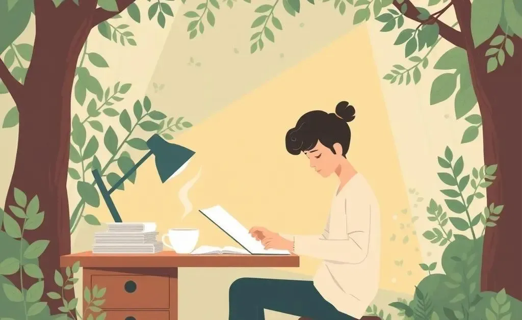 Person managing finances at a desk with nature backdrop