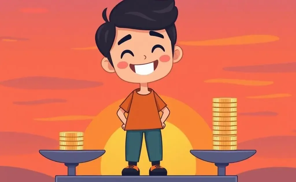 A person balancing coins with a sunset background