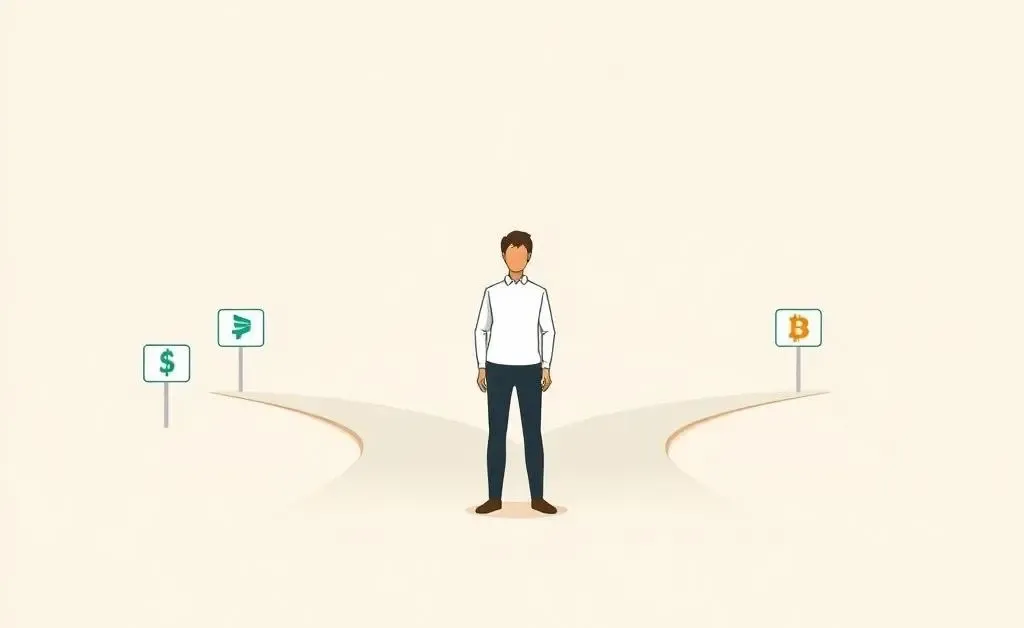 Person at a crossroads with financial symbols