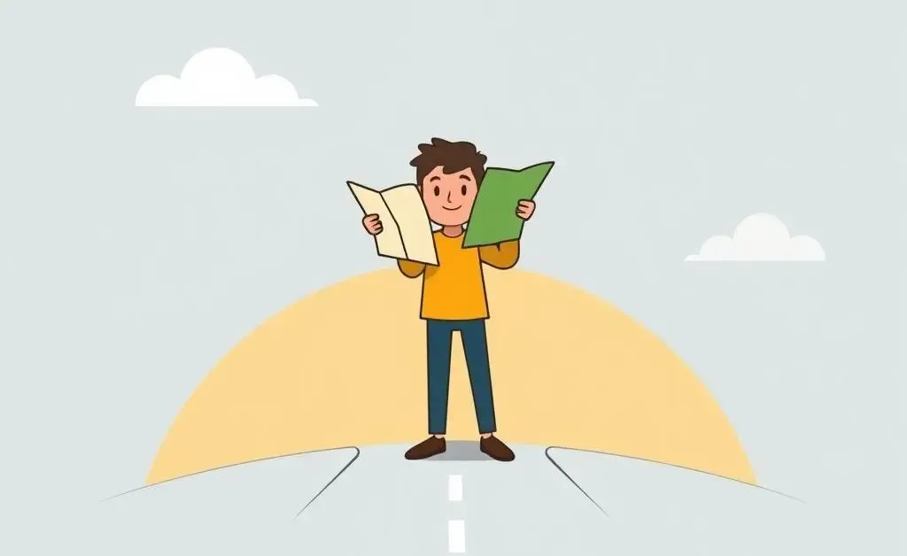 Person at a crossroads with a map, symbolizing new financial beginnings after divorce.