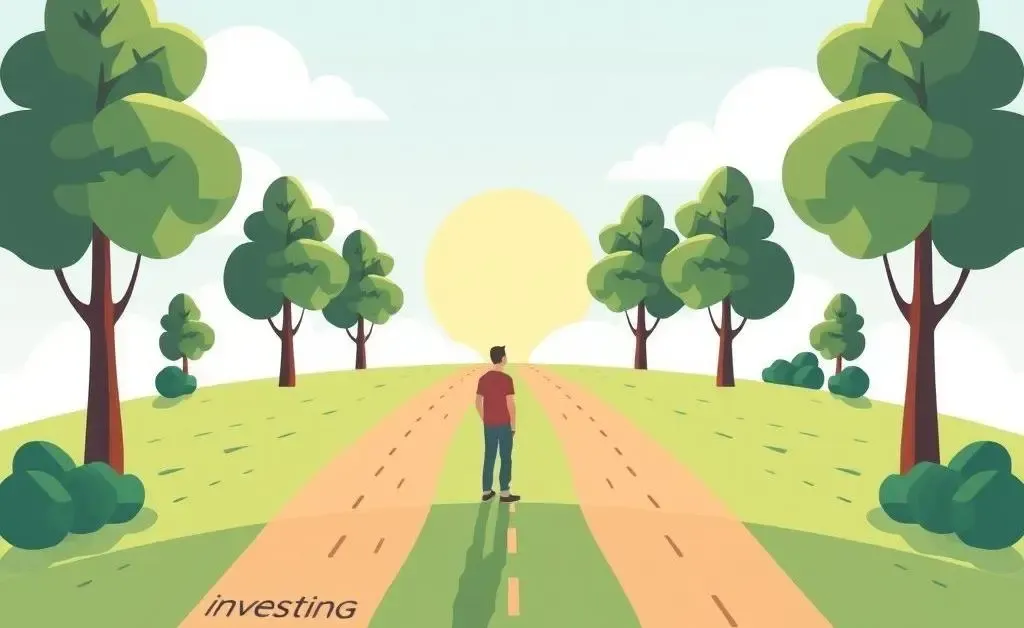 Illustration of a person at a financial crossroads with paths labeled investing and saving.