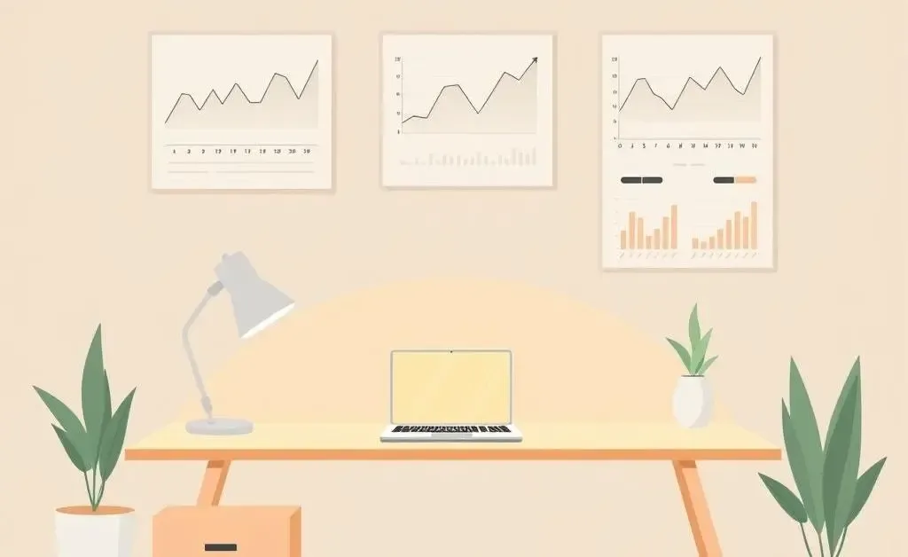 A minimalist desk setup with financial charts, symbolizing financial independence.