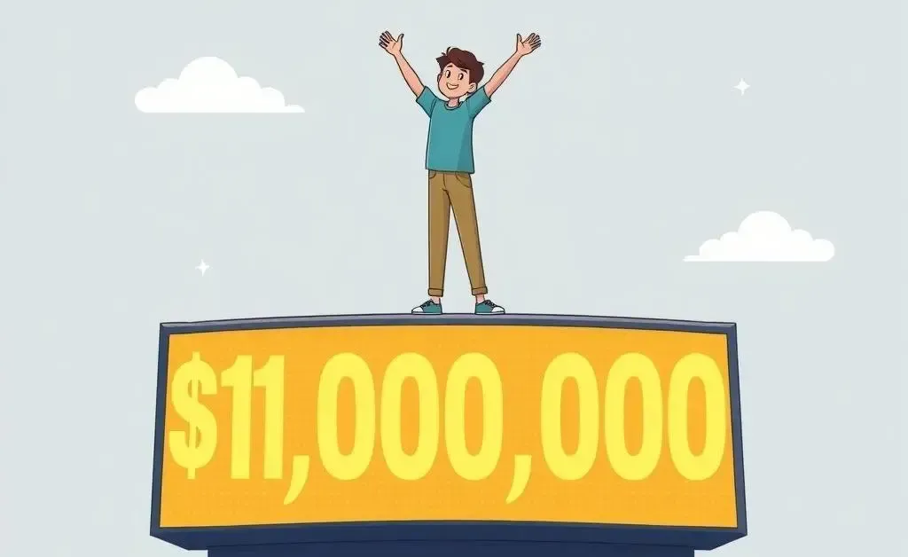 A person celebrating on top of a digital $1,000,000 display