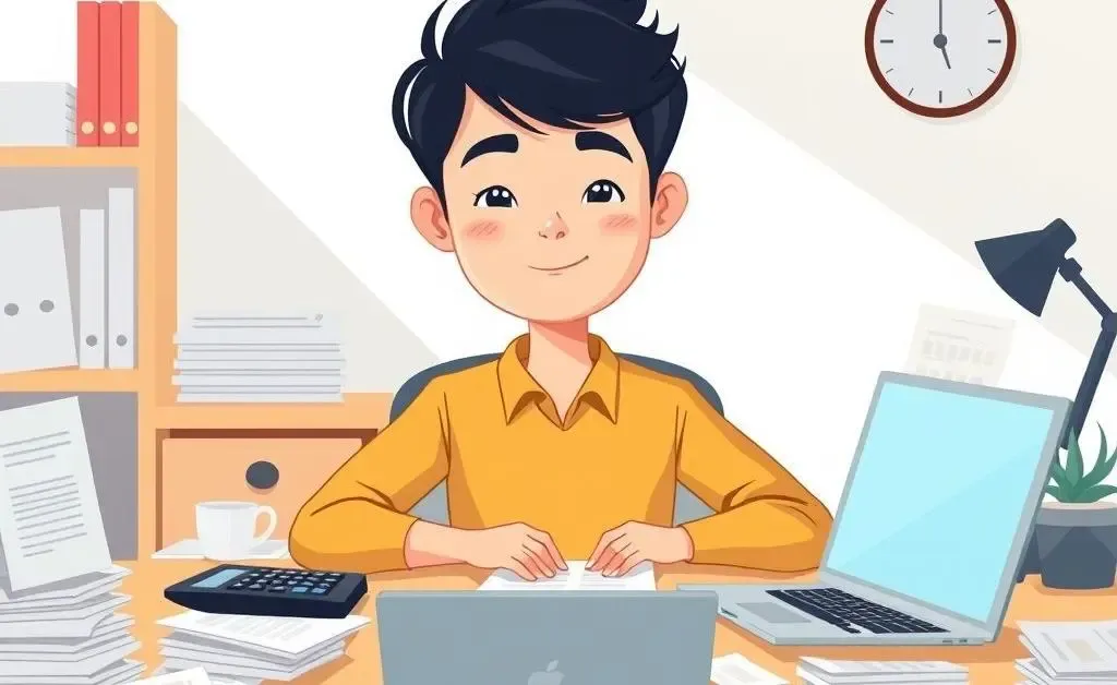 Illustration of a young person navigating financial documents at a desk