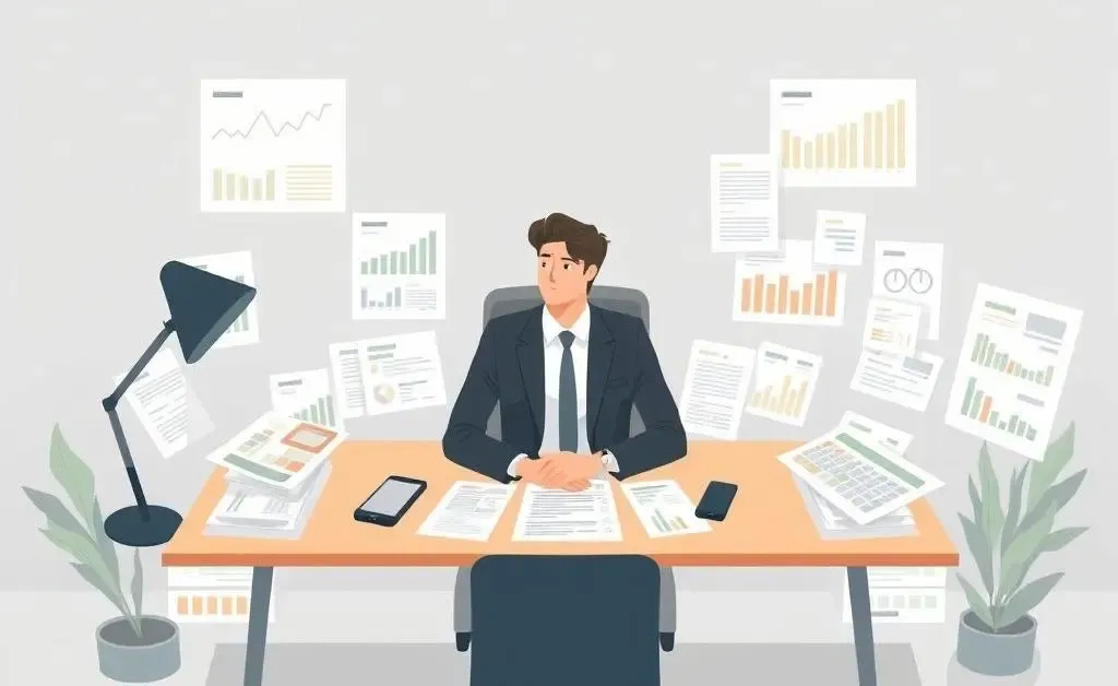 Person sitting at a desk surrounded by financial documents, looking thoughtful and organized