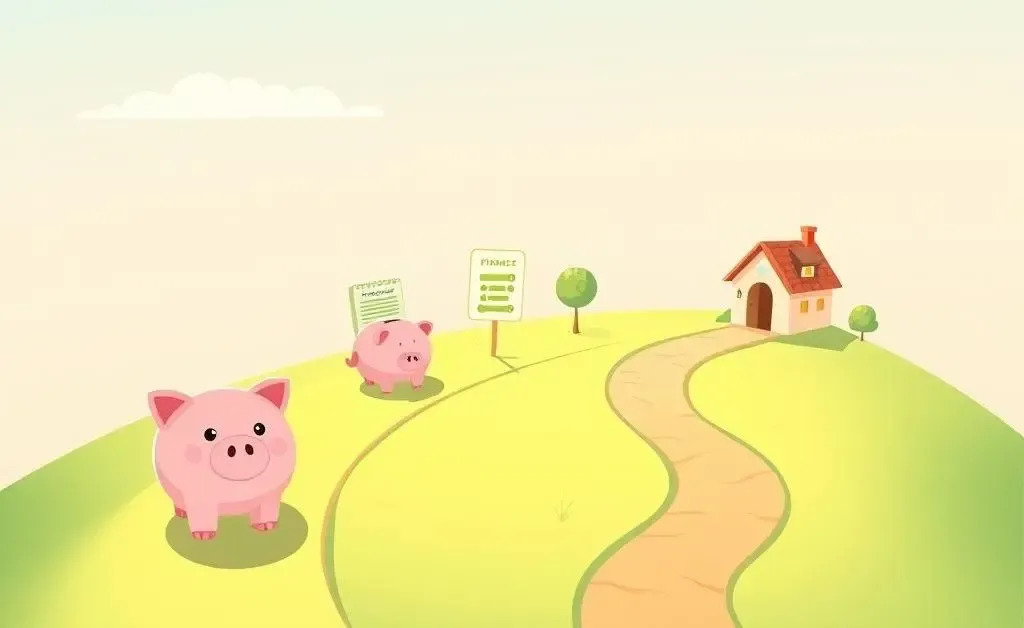 A cartoon drawing of a path with financial milestones