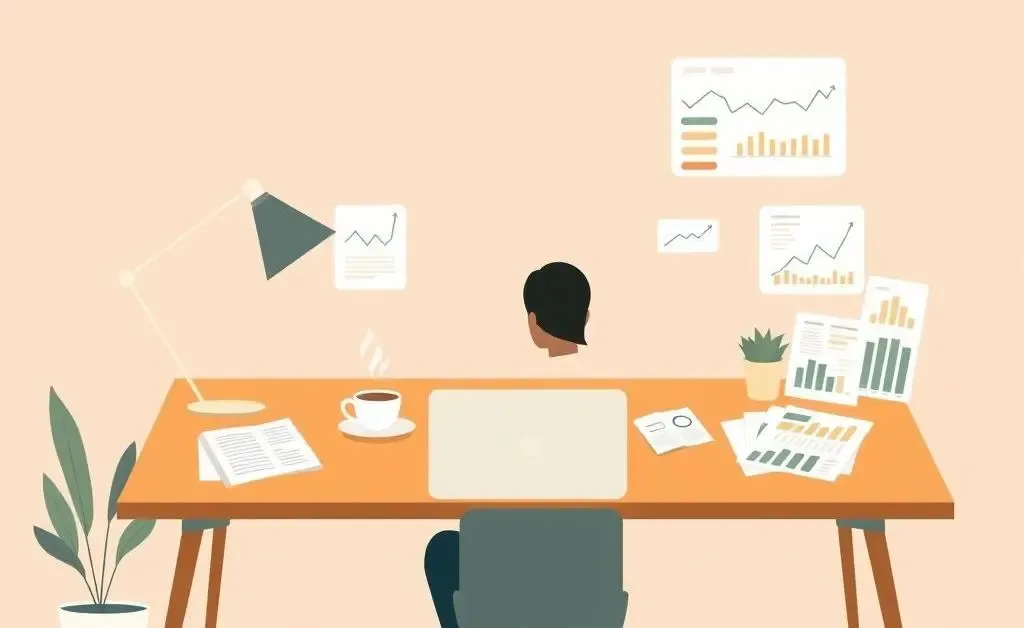 A calm setting with a desk and financial charts symbolizing the journey to a financial milestone