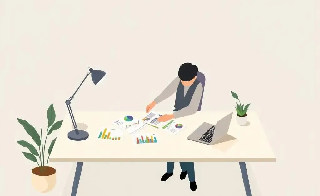 A person peacefully organizing finances at a desk with charts and a laptop.