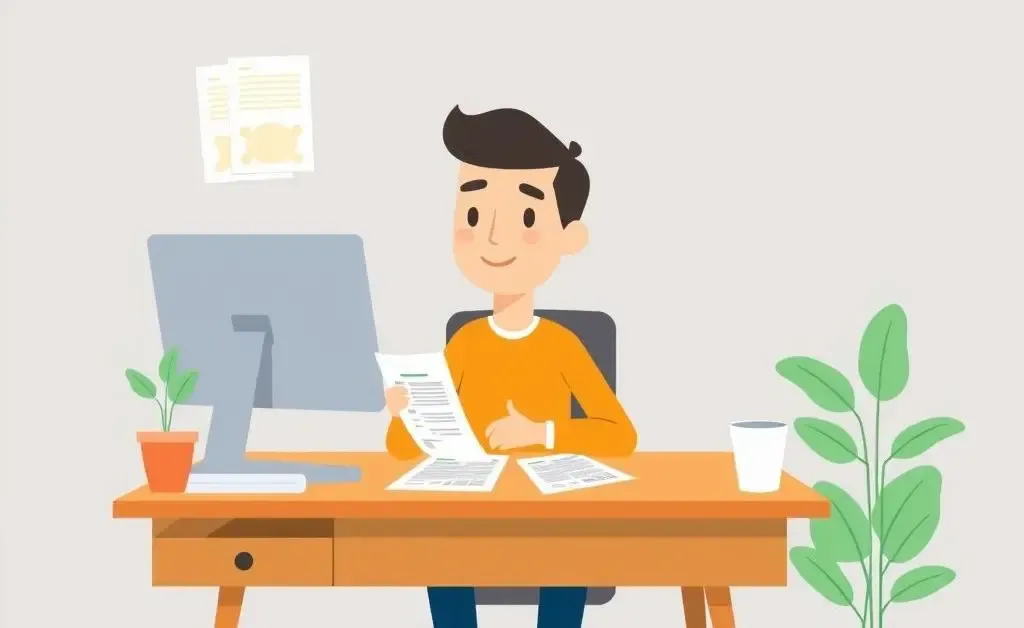 A person working at a desk surrounded by financial planning materials and a comforting plant