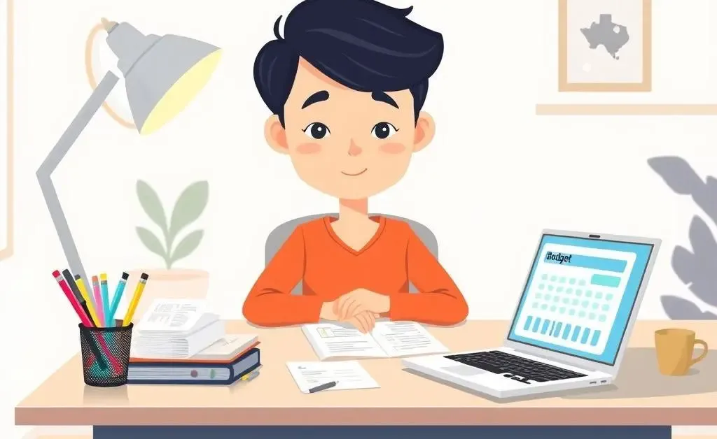 Calm individual planning finances at a desk with documents and laptop.