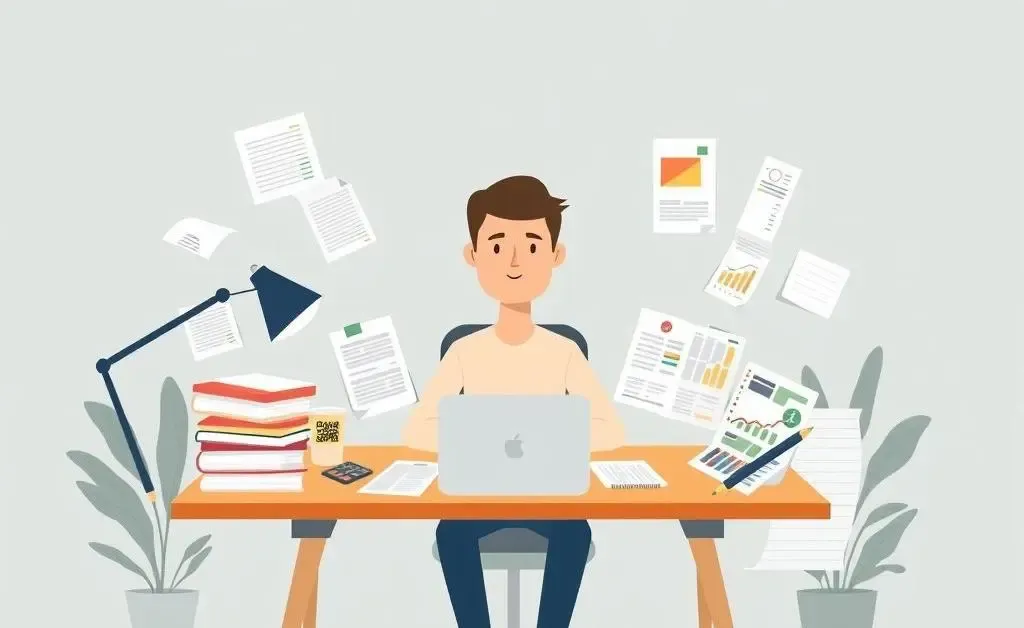 A person at a desk surrounded by budget planners and financial documents