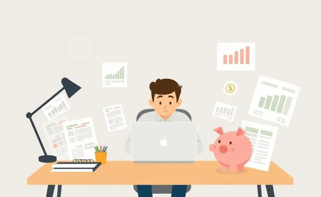Person at a desk planning finances with a laptop, documents, and piggy bank