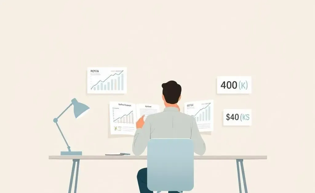 Person sitting at a desk comparing Roth IRA and 401(k) options with charts.