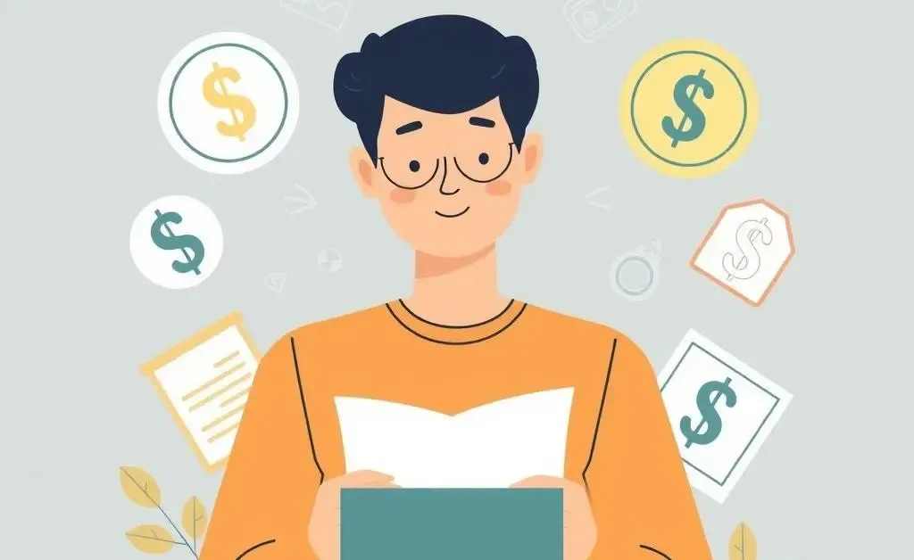 A person planning their financial future surrounded by financial symbols