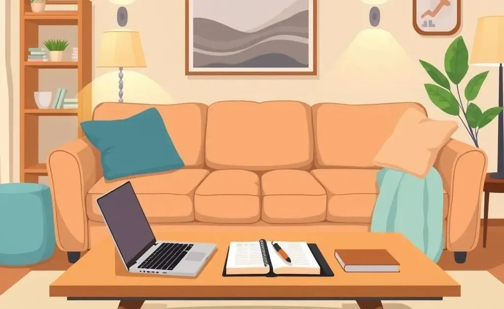 Cozy living room with financial planning setup on the table