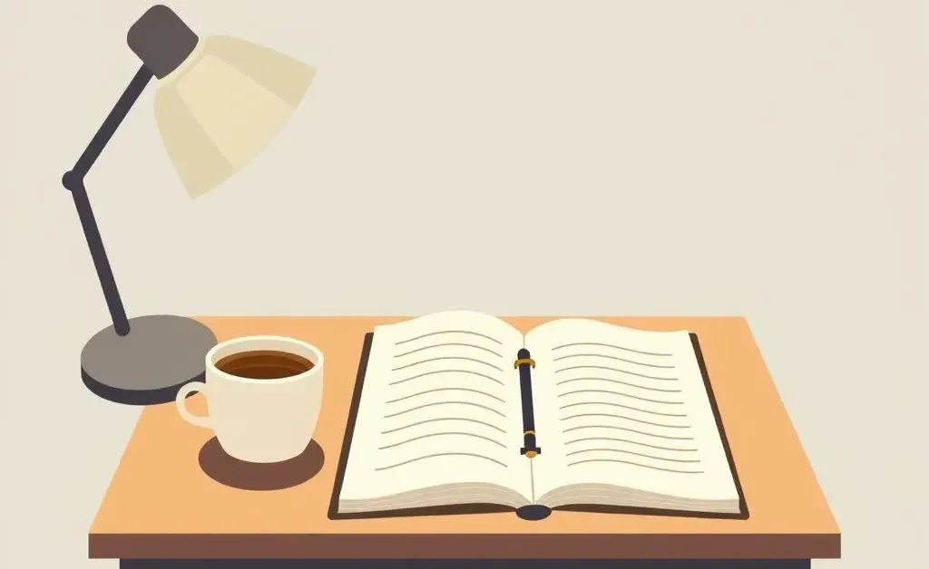 A cozy desk setup with a notebook and coffee cup