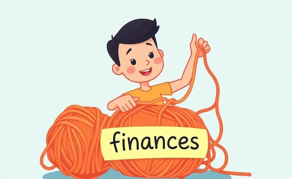 A whimsical depiction of simplifying financial concepts as a tangled yarn being unraveled