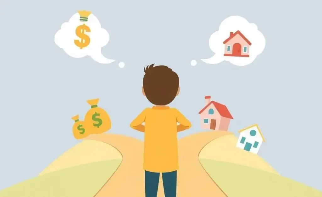 Illustration of a person at a financial crossroads with money symbols