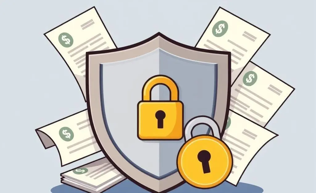 Cartoon shield protecting financial documents with a lock