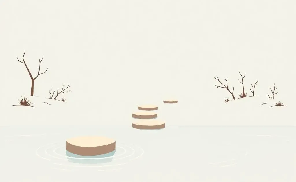 Illustration of a serene river with stepping stones representing financial steps