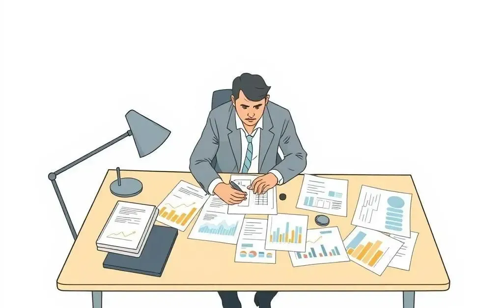 A financial planner reviewing investment charts and data at a desk
