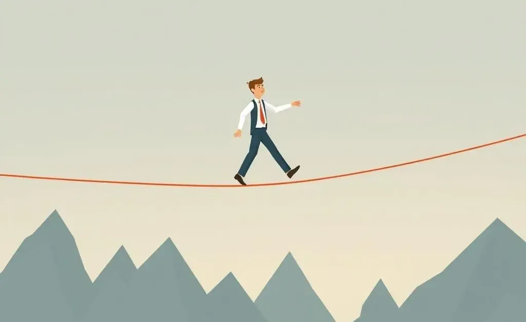A financial analyst balancing carefully above fluctuating market graphs.